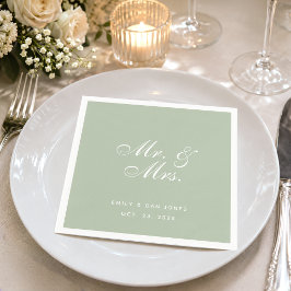 Herr & Fru Sage Bröllop Vit Elegant Skrift Grön Pappersservett