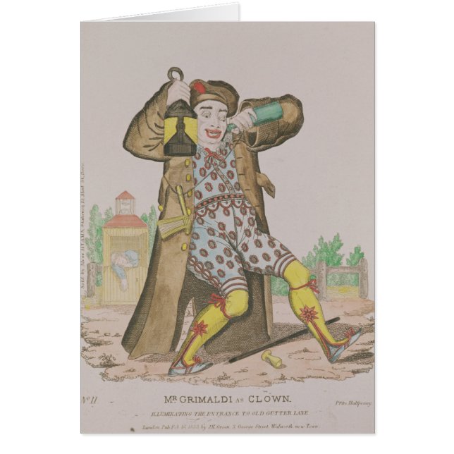 Herr Grimaldi som clown, upplysande Hälsningskort (Framsidan)