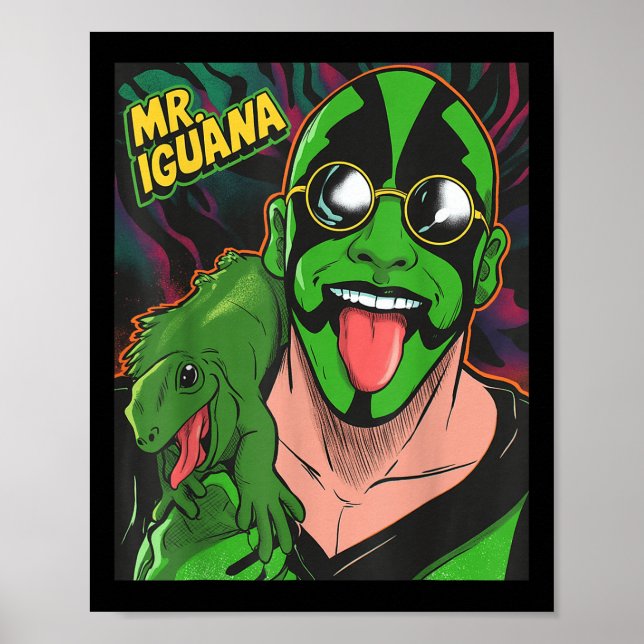 Herr Iguana Tunga Ut Rolig Ödla Brottare Tecknad F Poster (Framsidan)