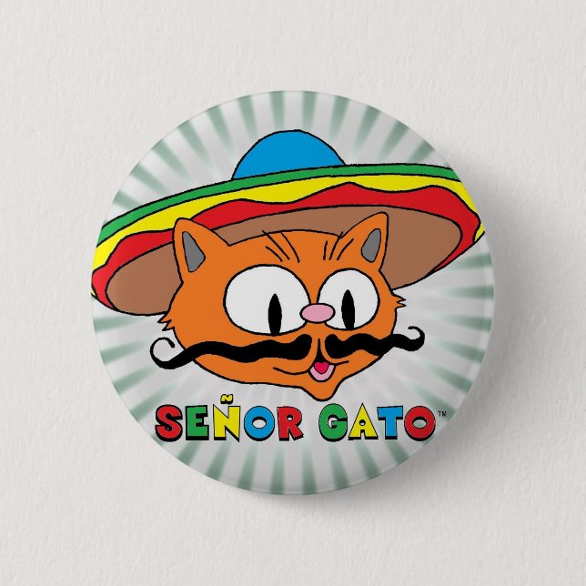 Herr Katten (Tecknad Mustasch Katt) med Sombrero Knapp (Framsida)