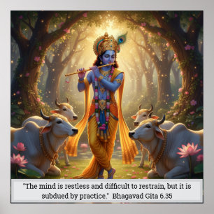 Herr Krishna Vrindavan Skog Flöjtspelande Gudomlig Poster