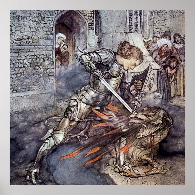 "Herr Lancelot Slays the Dragon" av Arthur Rackham Poster (Framsidan)