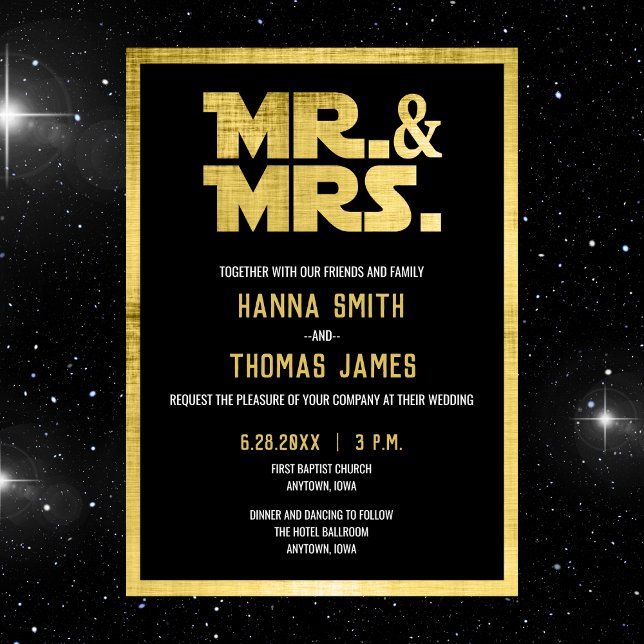 Herr och fru Black Guld Sci Fi Theme Bröllop Inbjudan (Sci fi folded wedding invitation)