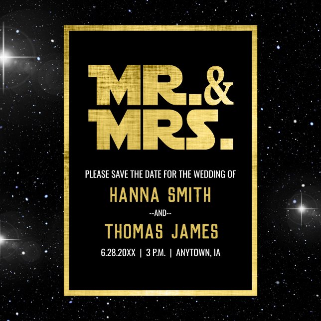 Herr och fru Black Guld Sci Fi Theme Bröllop Meddelande Vykort (sci fi wedding save the date)