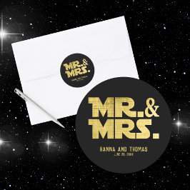 Herr och fru Black Guld Sci Fi Theme Bröllop Runt Klistermärke