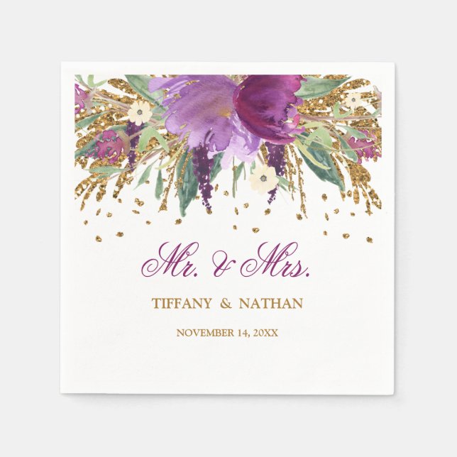 Herr och fru Blommig Glitter Amethyst Bröllopsserv Pappersservett (Framsidan)