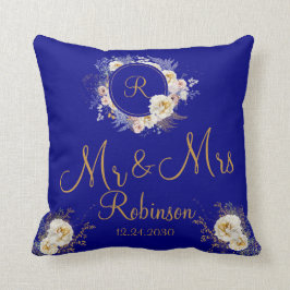 Herr och fru Blue Guld Blommigt Monogram Logotyp Kudde