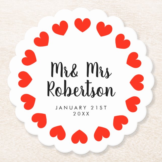 Herr och fru bröllop underlägg med rött hjärta papper (Framsida)