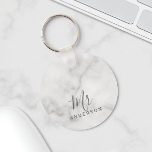 Herr och fru Elegant Marble Modern Script Bröllo Nyckelring