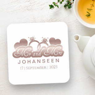 Herr och fru Elegant Ro Guld Hearts bröllopsfavori Underlägg Papper Kvadrat