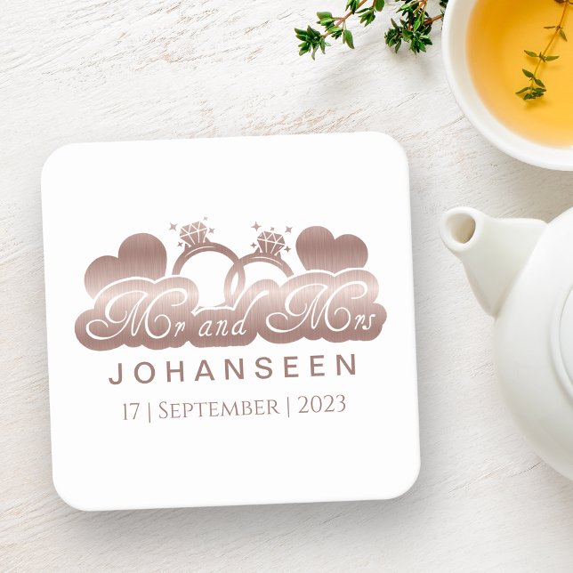 Herr och fru Elegant Ro Guld Hearts bröllopsfavori Underlägg Papper Kvadrat (Skapare uppladdad)