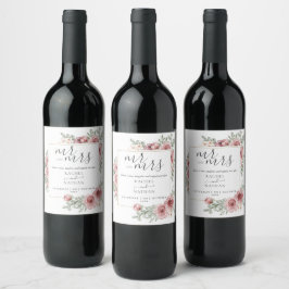 Herr och fru Floral Dusty Rose Skål Bröllop Vinflaska Etikett