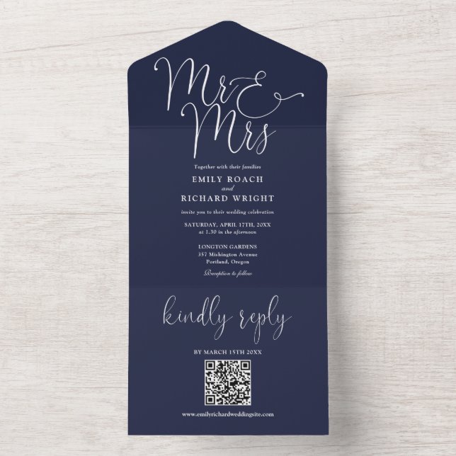 Herr och fru Modern QR-kod Navy Blue Bröllop (Insida)