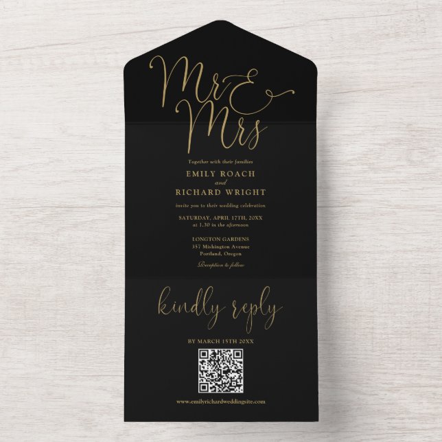 Herr och fru Modern QR-kod Svart och guld bröllop (Insida)