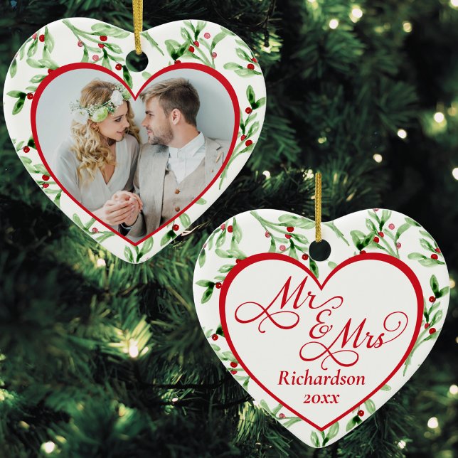 Herr och fru Newlyows-jul Julgransprydnad Keramik (Christmas ornament for just married newlywed couples, mr and mrs, photo, script calligraphy, heart)