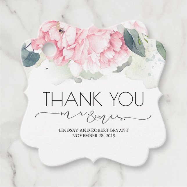 Herr och fru Rosa Blommigt Tack Gåvor Etiketter (Framsida)