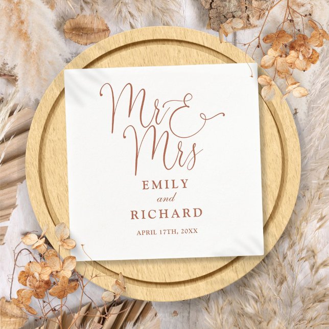 Herr och fru Script Elegant Terrakotta Bröllop Pappersservett (Mr And Mrs Script Elegant Terracotta Wedding Napkins)