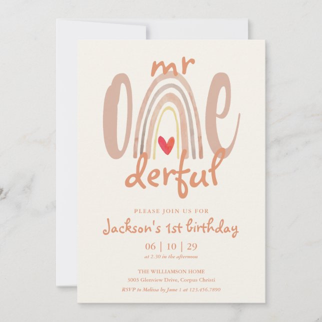 Herr Onederful Boho Rainbow Heart 1-årsdag Inbjudningar (Framsida)