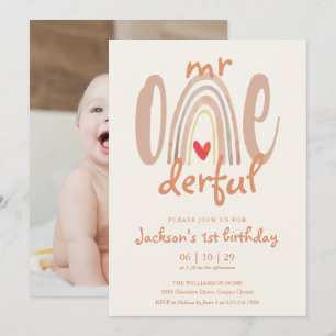 Herr Onederful Boho Regnbåge Hjärta Foto 1-årsdag Inbjudningar