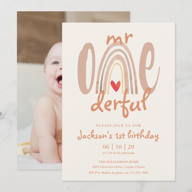 Herr Onederful Boho Regnbåge Hjärta Foto 1-årsdag Inbjudningar (Fram/baksida)