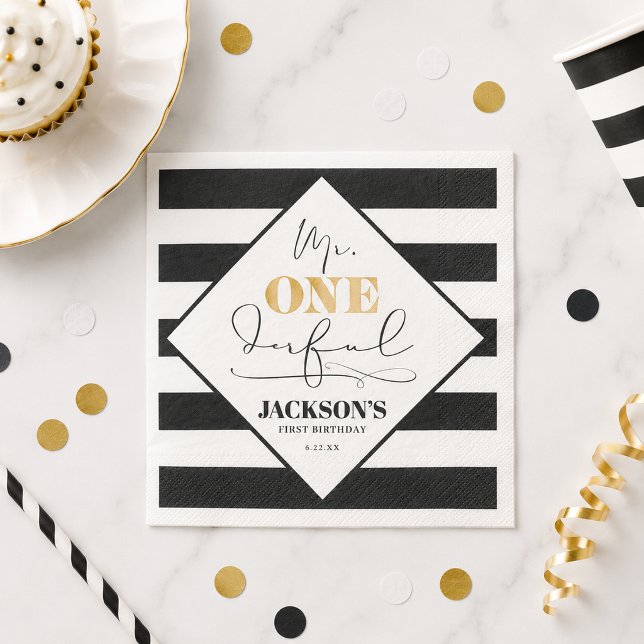 Herr Onederful svart-vitrandiga pappersservetter (Mr. Onederful Black and White Striped Paper Napkin)