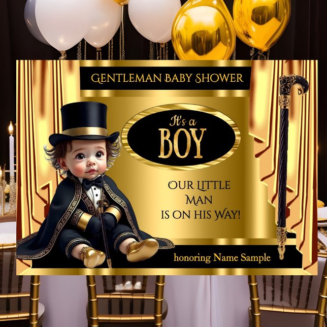 Herr Topphatt Baby Shower Svart Guld Draperier Inbjudningar (Skapare uppladdad)
