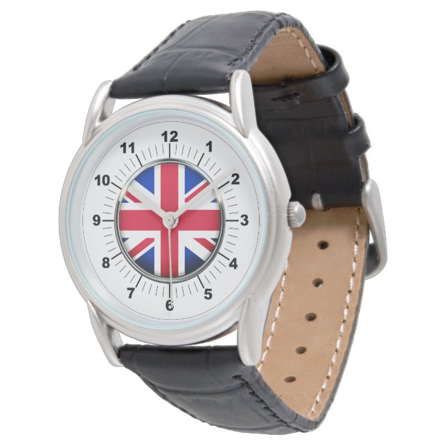 Herr UK Flagga Svart Läderrem Armbandsur (Vinklad)