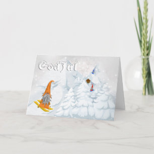 Herre jul tomte snö skidåkning skogar modern helgkort