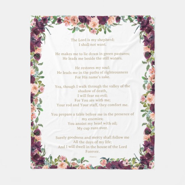 Herren är min herde Psalm 23 Burgunder Blommig Fleecefilt (Framsidan)