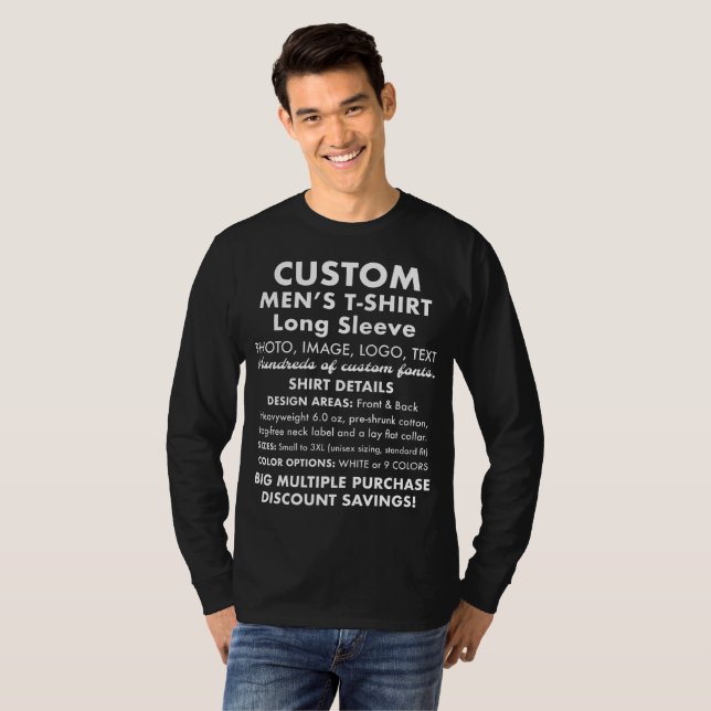 Herrens anpassade svarta långärmade t-shirt (Hel framsida)