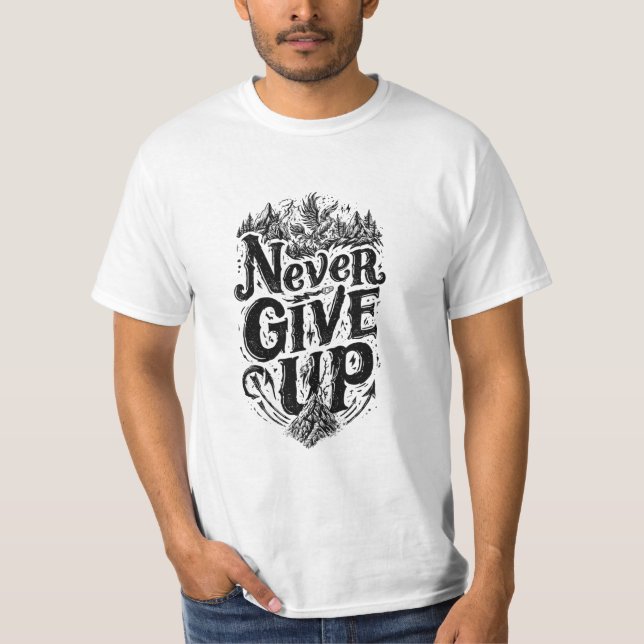 Herrens Never Give Up Mountain Eagle Motiverande T Shirt (Framsida)