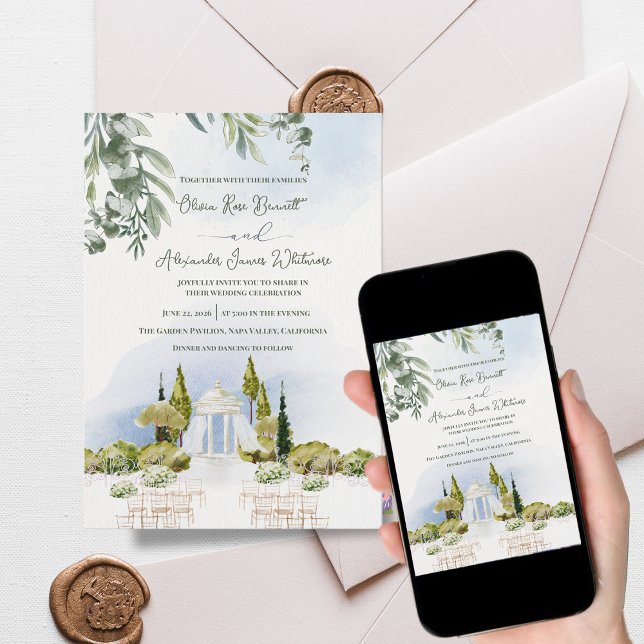 Herrgårdsträdgårdspaviljong Utomhusceremoni Bröllo Inbjudningar (Estate Garden Pavilion Wedding Invitation | Watercolor Outdoor Ceremony Venue Invite)