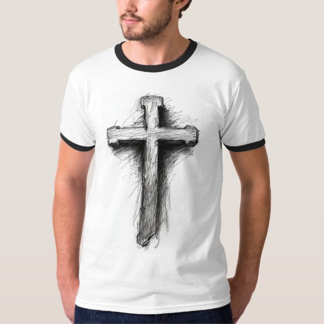 Herrgrafisk kristen korsring T-shirt (Framsida)