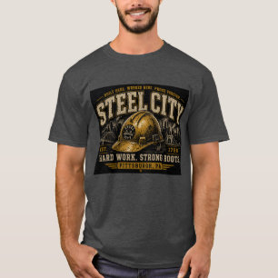 Herrgrafisk t-shirt; stålstads hjälm t shirt