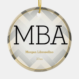 Herringbone Black Tan MBA Studenten Namn år Julgransprydnad Keramik