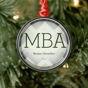 Herringbone Grönt White MBA Studenten Namn År Julgransprydnad Metall
