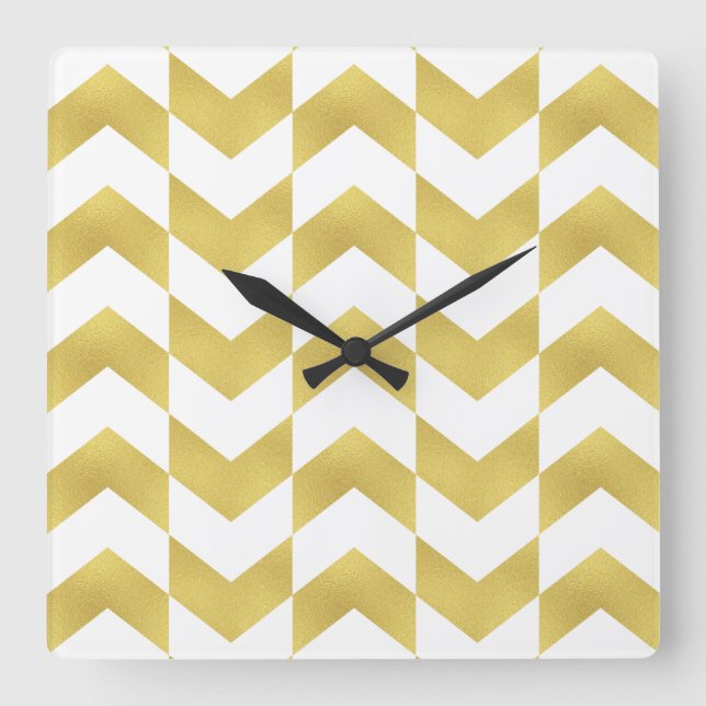 Herringbone Mönster Guld & White Clock Fyrkantig Klocka (Framsida)