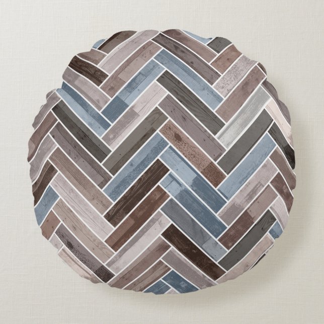 Herringbone Mönster i Blue Brown Grått Rund Kudde (Framsidan)