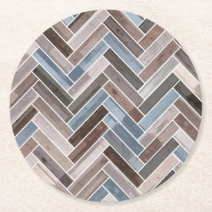 Herringbone Mönster i Blue Brown Grått Underlägg Papper Rund