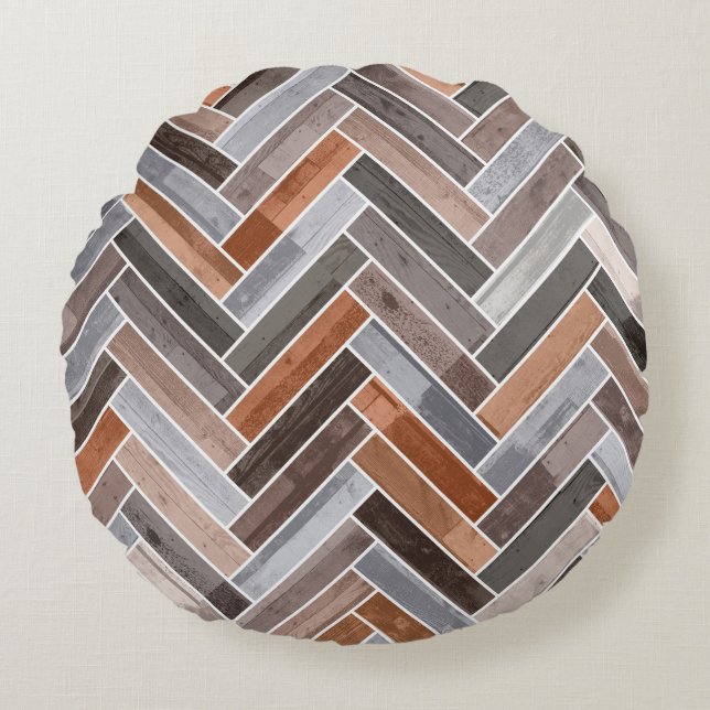 Herringbone Mönster i Earthen Sten Färger Rund Kudde (Framsidan)