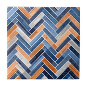 Herringbone Mönster i flottblått och Orange Kakelplatta