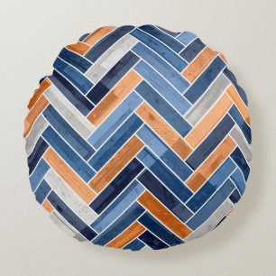 Herringbone Mönster i flottblått och Orange Rund Kudde