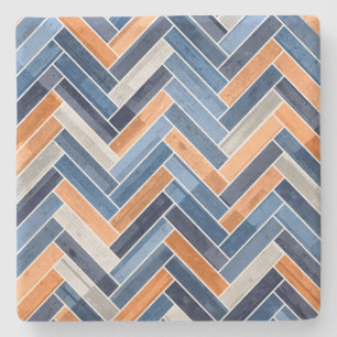 Herringbone Mönster i flottblått och Orange Stenunderlägg