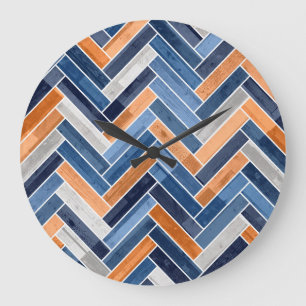 Herringbone Mönster i flottblått och Orange Stor Klocka