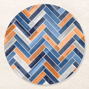 Herringbone Mönster i flottblått och Orange Underlägg Papper Rund