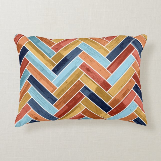 Herringbone Pattern Blue Yellow Orange Red Prydnadskudde (Framsidan)