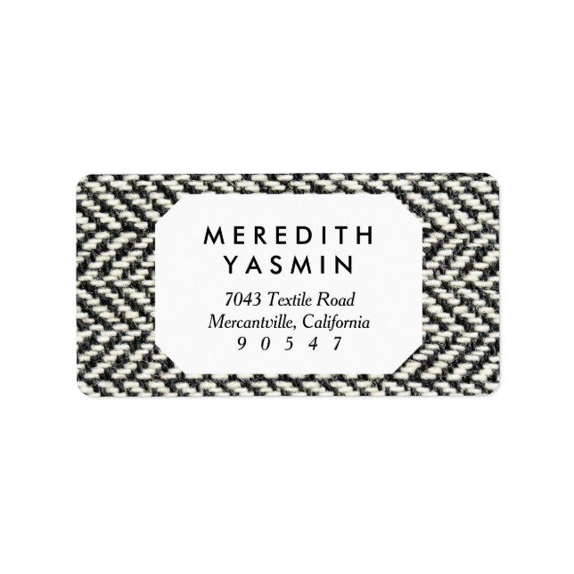 Herringbone Tweed Rustic Black & White Sticka Skri Adressetikett (Framsidan)