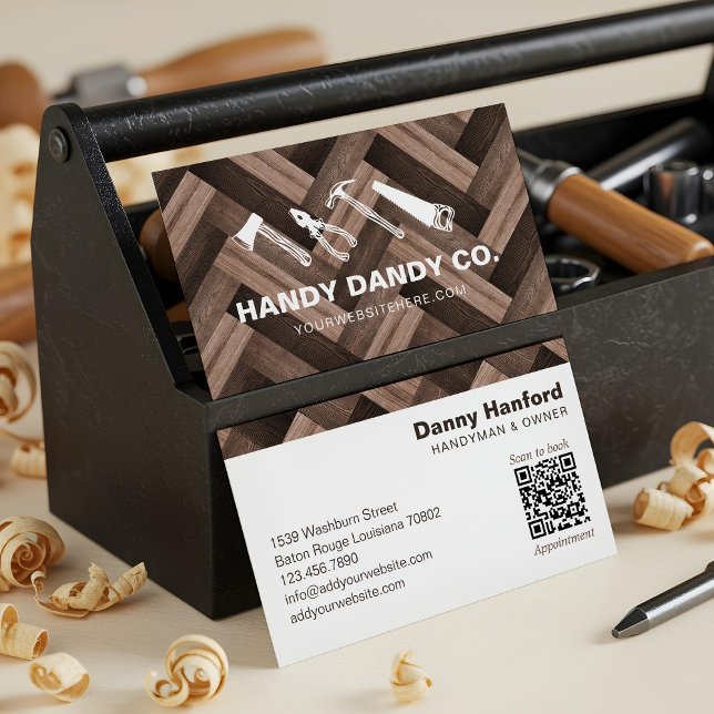 Herringbone Woodgrain Handyman Verktyg Uppdragare Visitkort (Herringbone Woodgrain Handyman Tools Contractor Business Card)