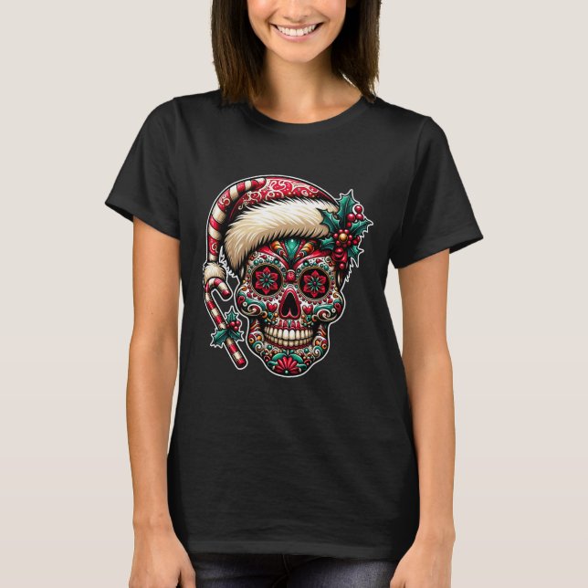 Herrjul Socker Skalle Santa Hatt Dag För T Shirt (Framsida)