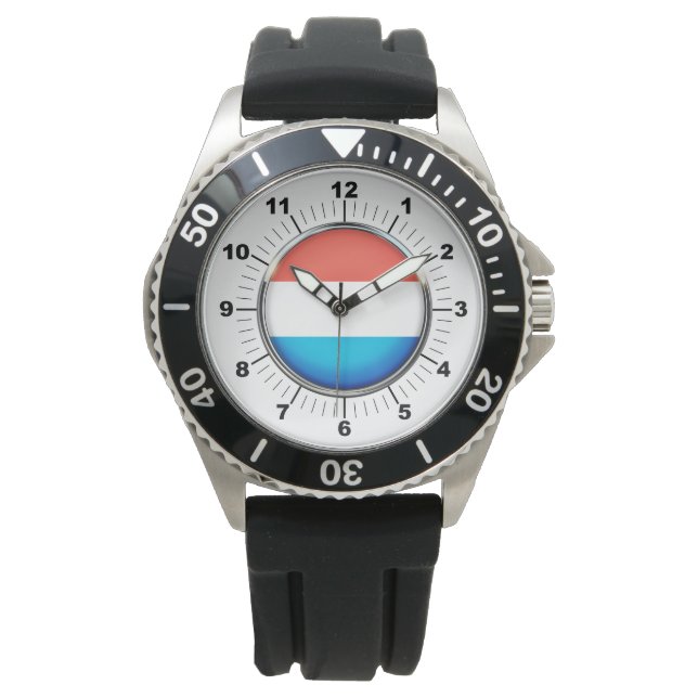 Herrklocka Luxemburg Flagga Svart Gummirem Ur </s> Armbandsur (Framsida)